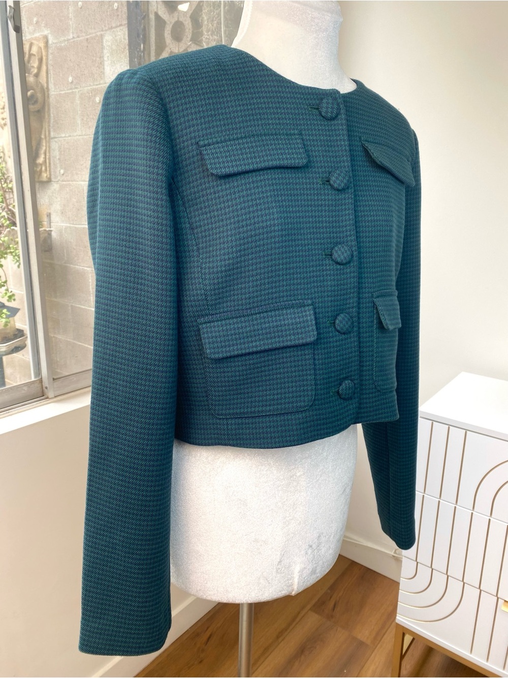NWT Favorite Daughter The Emily Houndstooth Crop Jacket in Juniper, Size M - Picture 4 of 11
